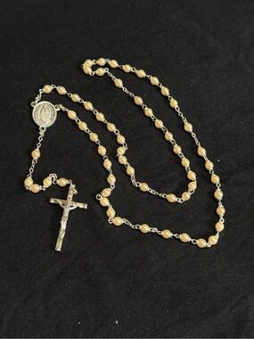 Pearl Bead Rosary Necklace with Silver Crucifix